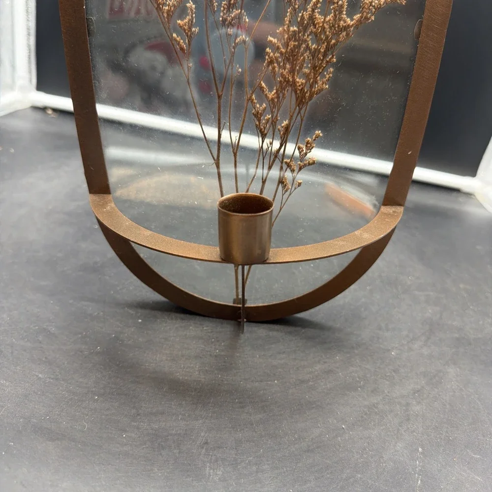 Dried Flowers Glass Metal Arched Wall Sconce Taper Candle Holder Boho Farmhouse